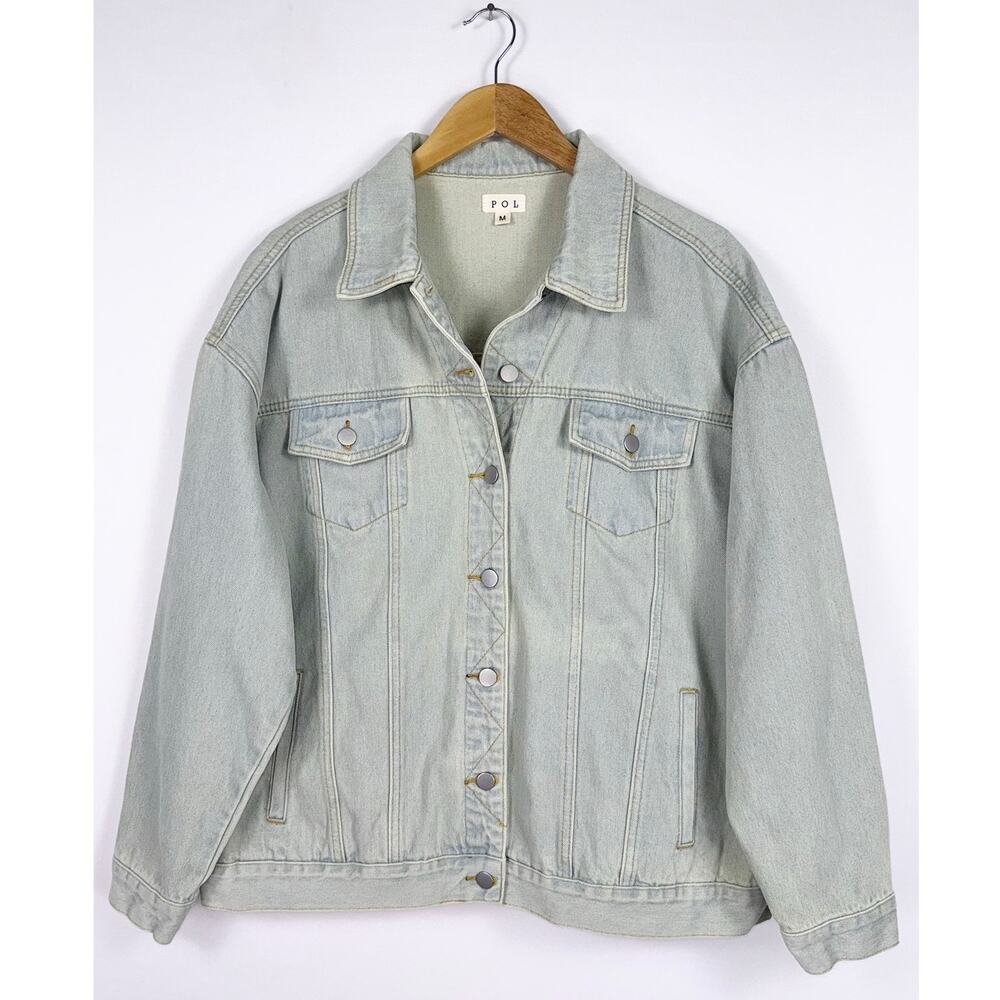 Pol Pearl Love Boho Denim Jacket Women's Medium Light Blue Wash